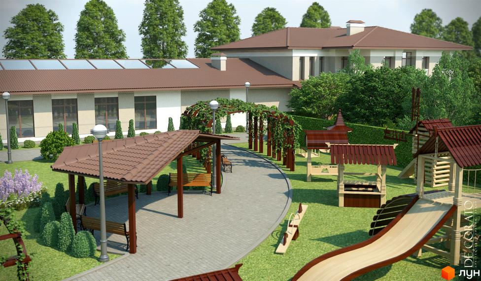 Зовнішній вигляд будівлі житлового комплексу КМ Franko River Club з зоною відпочинку та дитячим майданчиком. Зелена територія з деревами та кущами.