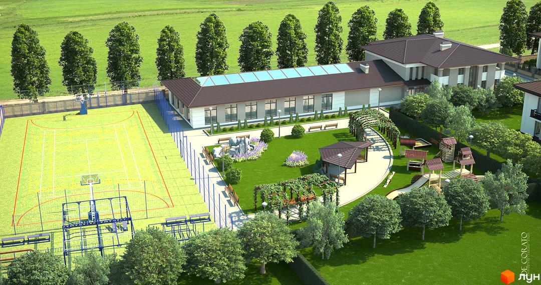 Котеджне містечко Franko River Club має багатоповерхові будинки та зелену територію з баскетбольним полем і дитячим майданчиком.