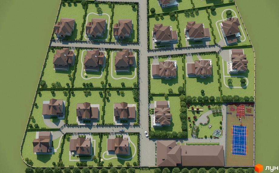 Котеджне містечко Franko River Club. Аерофотозйомка котеджів з коричневими дахами та прибудинковою територією з дитячим майданчиком та спортивними зонами.