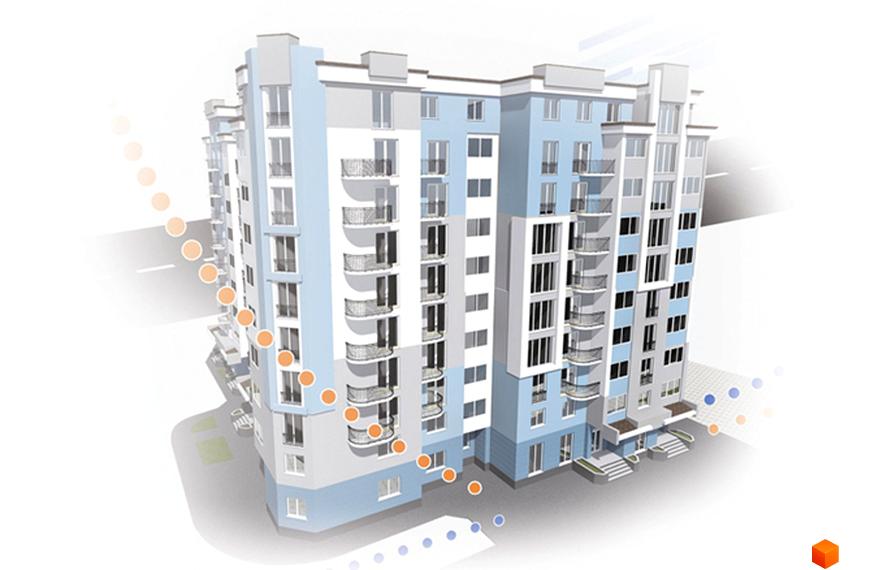 Зовнішній вигляд будинку ЖК Авіатор. Багатоквартирний будинок з балконами та великою кількістю вікон. Навколо будинку розташовані елементи прибудинкової території та доріжки.