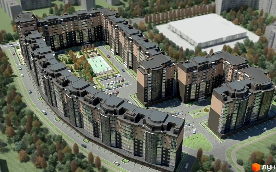 Зображення Житлового комплексу Набережний квартал. Вигляд на будівлю та прибудинкову територію з дитячим майданчиком і паркінгом.