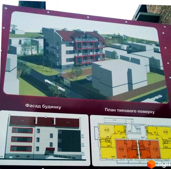 Фасад будинку та план типового поверху житлового комплексу на вул. Каменярів, 8. Зовнішній вигляд новобудови з балконами та прибудинковою територією.