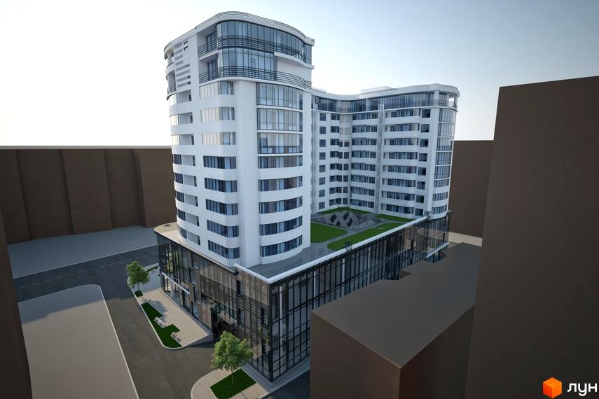 Житловий комплекс SKY центр - це біла багатоповерхова будівля з панорамними вікнами та скляним фасадом. На прибудинковій території розташовані зелені насадження та зони відпочинку.