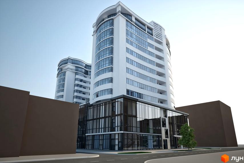 Житловий комплекс SKY центр - сучасна новобудова з панорамним склінням та вигнутими фасадами. Поруч дорога та коричневі будівлі.