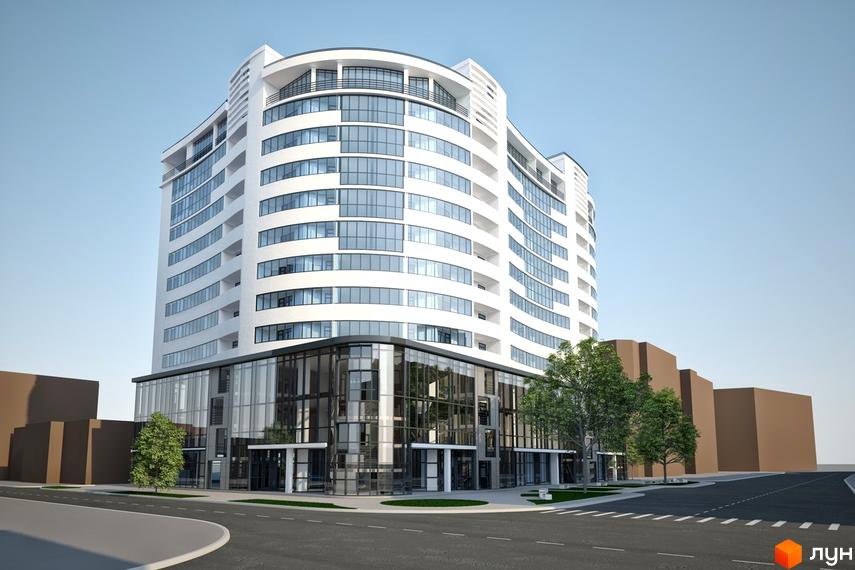 Житловий комплекс SKY центр – біла багатоповерхова будівля з панорамними вікнами та балконами. Навколо будівлі зелені дерева та доглянута прибудинкова територія.