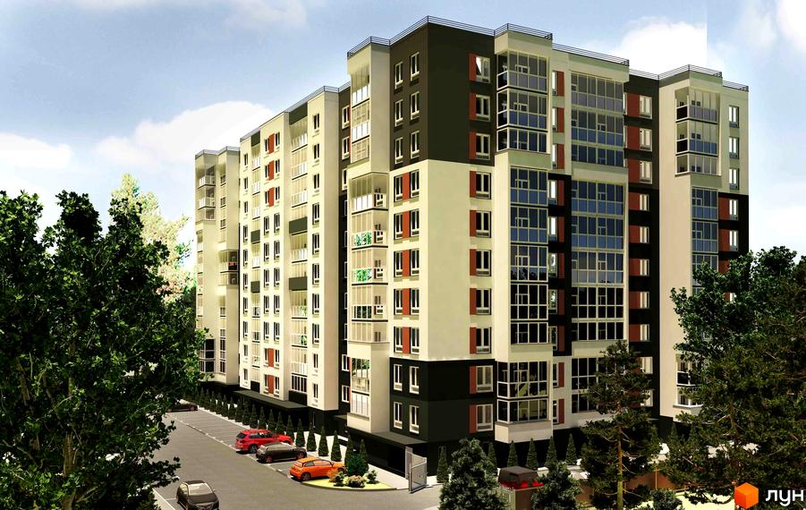 Зовнішній вигляд новобудови ЖК Контраст з різнокольоровими фасадами та великими вікнами. Прибудинкова територія з парковкою та зеленими насадженнями.