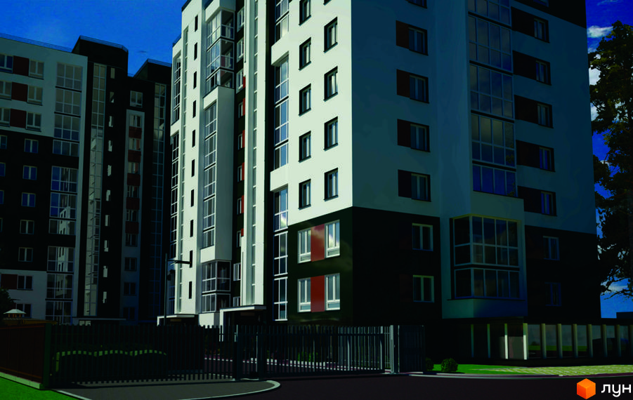 Зовнішній вигляд новобудови ЖК Контраст з біло-чорними фасадами та великими вікнами. На передньому плані видно огороджену територію комплексу та зелену зону.