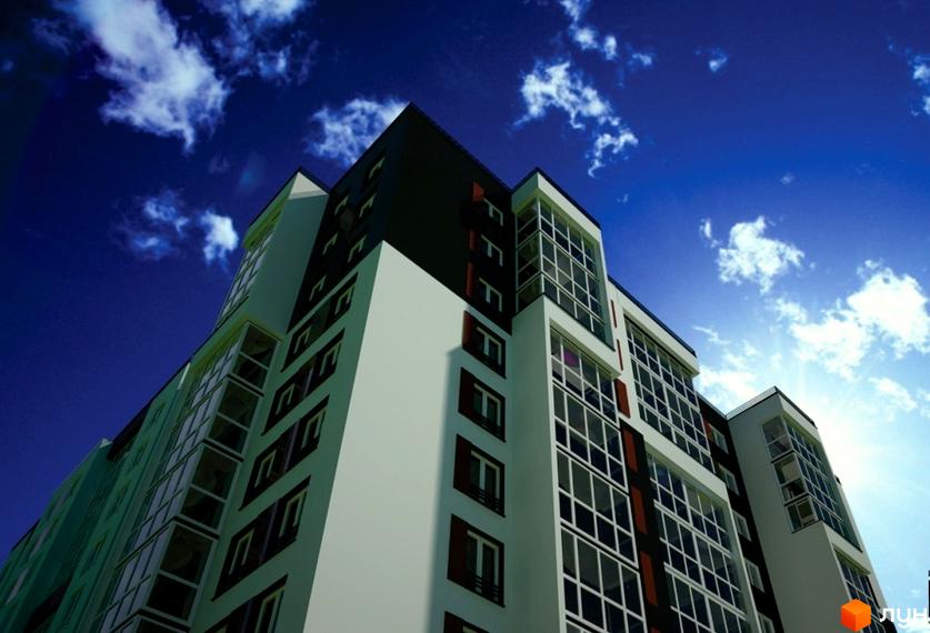 Житловий комплекс Контраст: фасади будівель з великими вікнами та балконами на тлі блакитного неба з хмарами. Зовнішній вигляд новобудови.