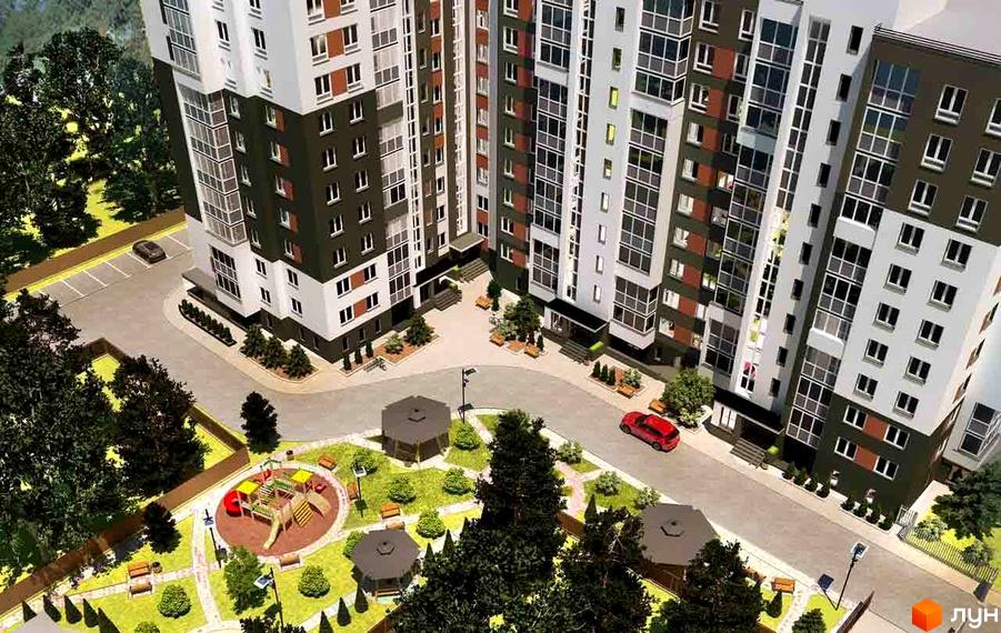 Житловий комплекс Контраст: сучасна архітектура та зелена прибудинкова територія з дитячим майданчиком та зонами відпочинку.