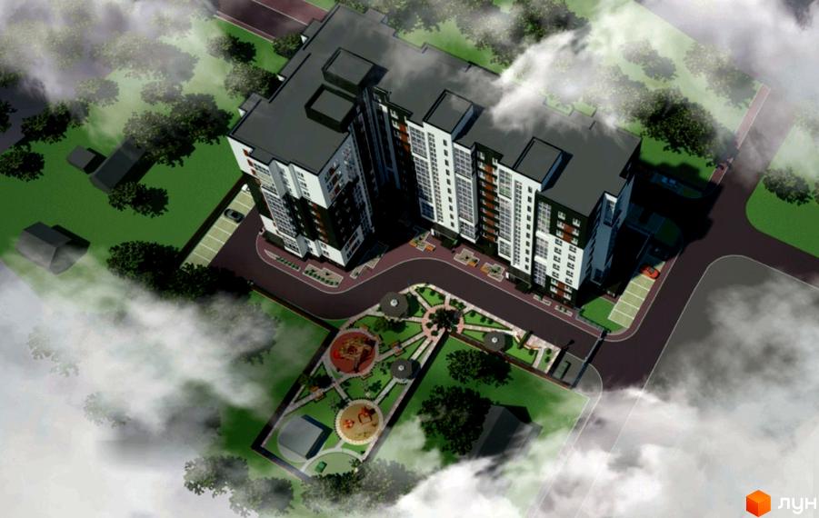 Новобудова ЖК Контраст з білими та темними фасадами, великими вікнами та балконами. Територія комплексу має зелені насадження, дитячий майданчик та місця для паркування.