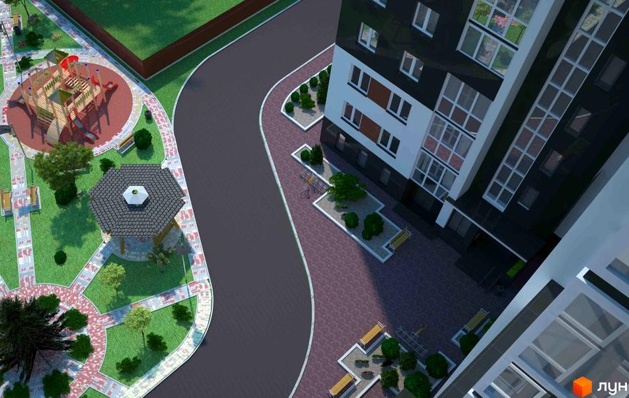 Житловий комплекс Контраст: сучасна архітектура та облаштована прибудинкова територія з дитячим майданчиком та зоною відпочинку.