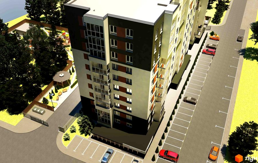 Житловий комплекс Контраст: багатоповерховий будинок з балконами та паркінгом. Територія з дитячим майданчиком та зоною відпочинку.