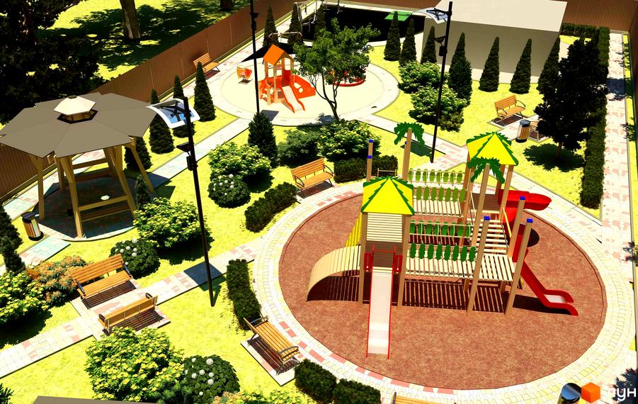 Житловий комплекс Контраст: дитячий майданчик з гірками та гойдалками, альтанка, лавки та зелені насадження. Зона відпочинку для всієї родини.