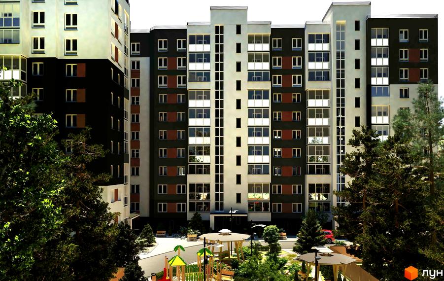 Зовнішній вигляд житлового комплексу Контраст з багатоповерховими будинками та прибудинковою територією з дитячим майданчиком. Новобудова з різнокольоровими фасадами та скляними балконами.