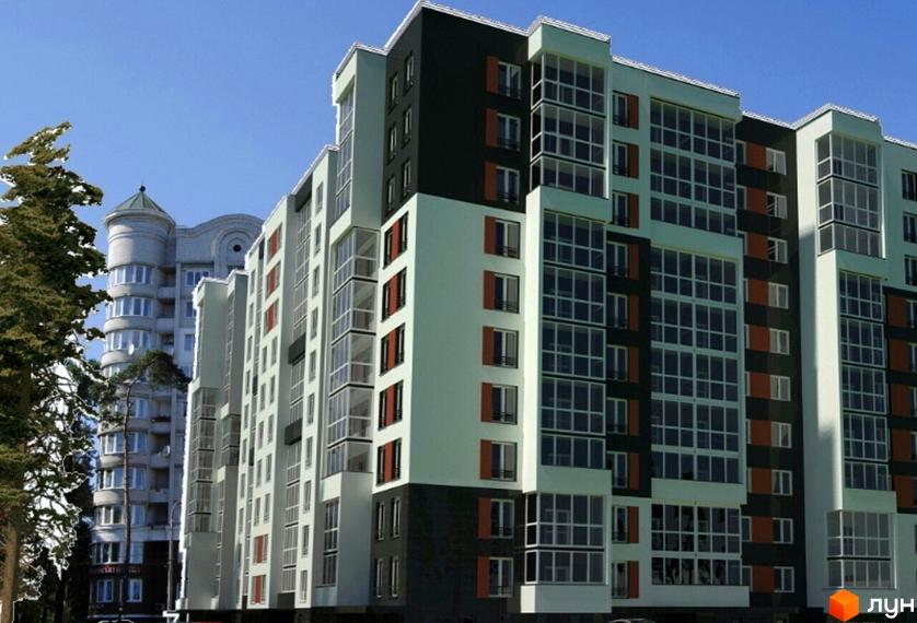 Новобудова ЖК Контраст з панорамними вікнами та балконами. Фасад будинку оздоблений світлими та темними панелями з червоними акцентами. Поруч видно іншу будівлю та зелені дерева.