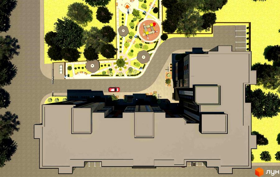 Житловий комплекс Контраст: вид зверху на багатоповерхові будинки та зелену прибудинкову територію з дитячим майданчиком та зонами відпочинку.