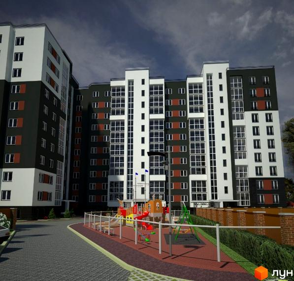 Новобудова ЖК Контраст з фасадом у сірих та білих тонах. На прибудинковій території дитячий майданчик з гірками та гойдалками.