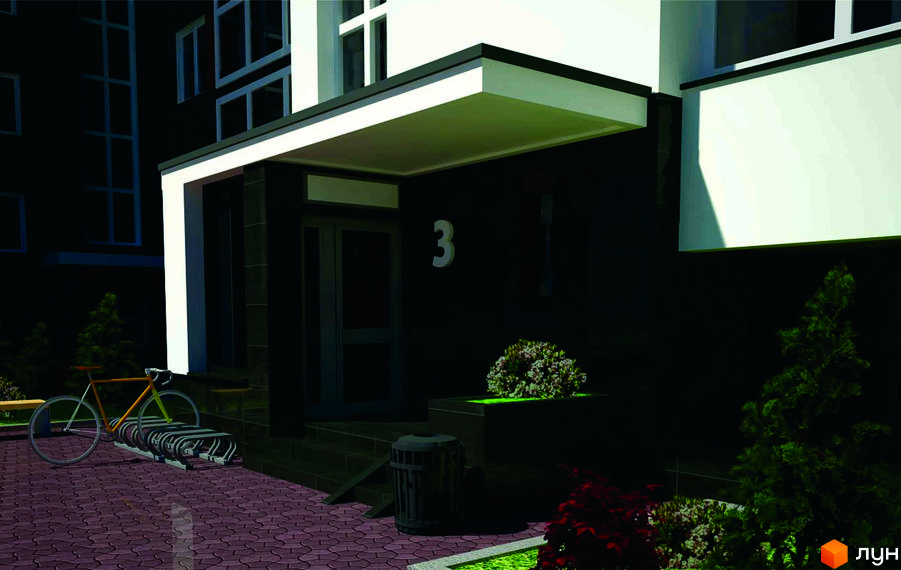 Вхідна група новобудови ЖК Контраст з дверима, номером будинку та велосипедною парковкою. Прибудинкова територія з деревами та кущами.