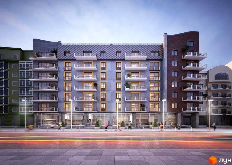 Зовнішній вигляд житлового комплексу Столичний з балконами та великими вікнами. Навколо будинку розташована міська вулиця з тротуаром та освітленням.