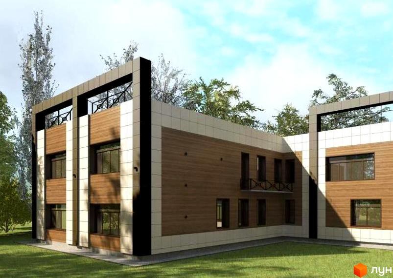 Фасад новобудови на вул. Гудименка, 10а, з дерев'яним та світлим оздобленням, великими вікнами та зеленою галявиною перед будинком.