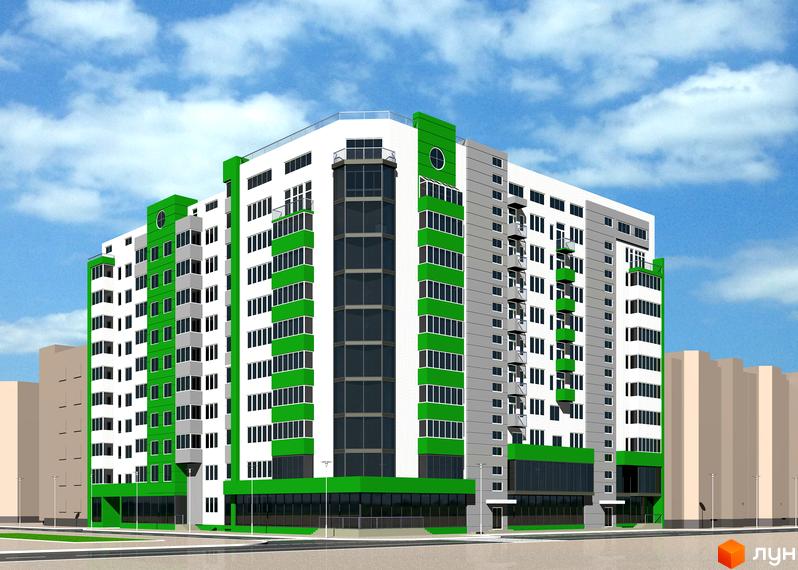 Житловий комплекс Бельведер з фасадом у біло-зелених тонах та великою кількістю вікон. Біля будинку облаштована прибудинкова територія з освітленням.