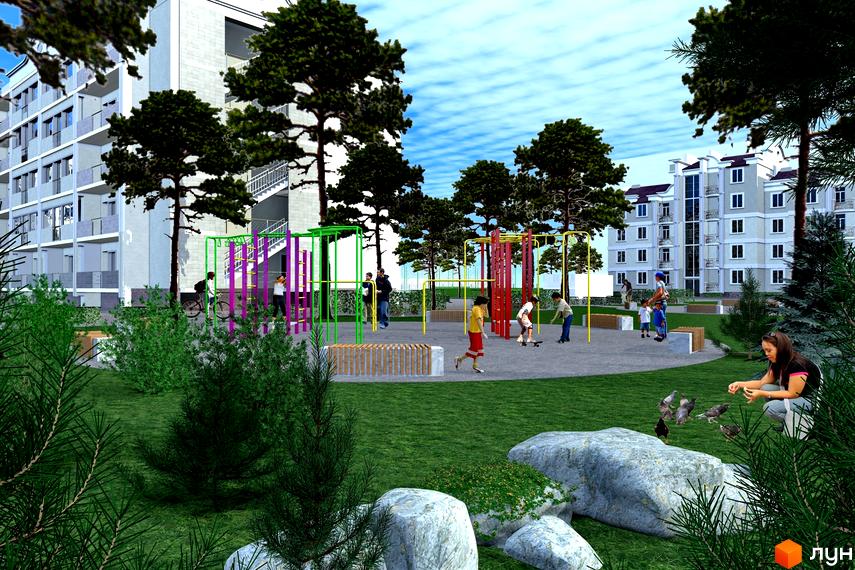 Житловий комплекс Океан Парк. Зовнішній вигляд багатоповерхових будинків та дитячого майданчика з елементами спортивного обладнання.