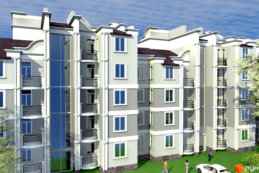 Зовнішній вигляд багатоквартирного будинку ЖК Океан Парк з балконами та великими вікнами. Прибудинкова територія з зеленим газоном та людьми.