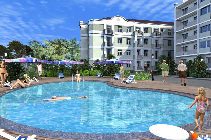Житловий комплекс Океан Парк з басейном та відпочиваючими. Сучасна архітектура будівель та доглянута прибудинкова територія з парасольками та лежаками.