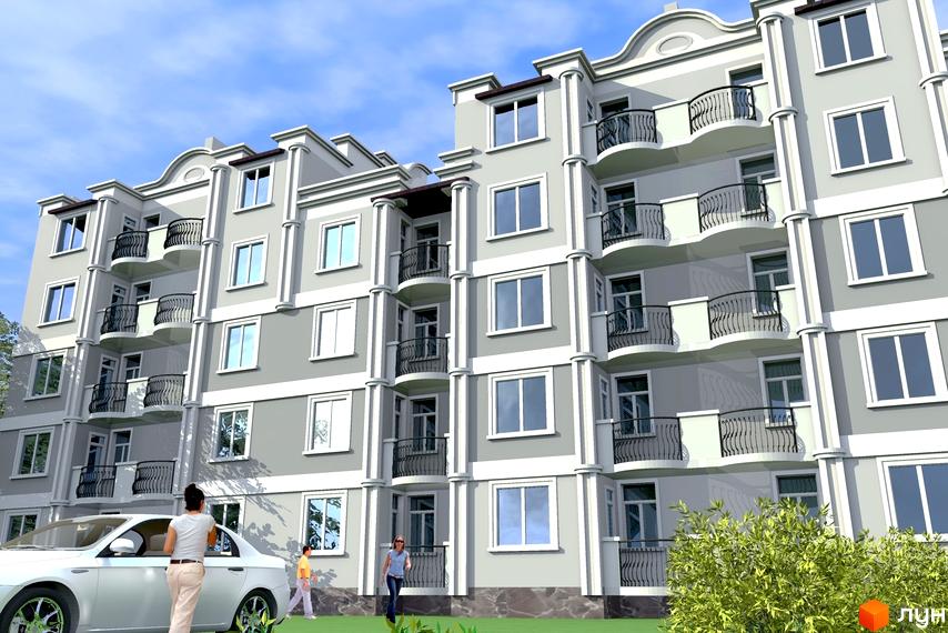 Зовнішній вигляд житлового комплексу Океан Парк з балконами та вікнами. На прибудинковій території видно автомобіль та людей.