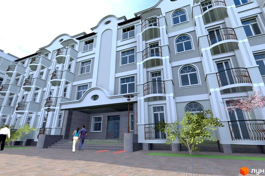 Зовнішній вигляд новобудови ЖК Океан Парк з балконами та арковими вікнами. Прибудинкова територія з деревами та доріжками.