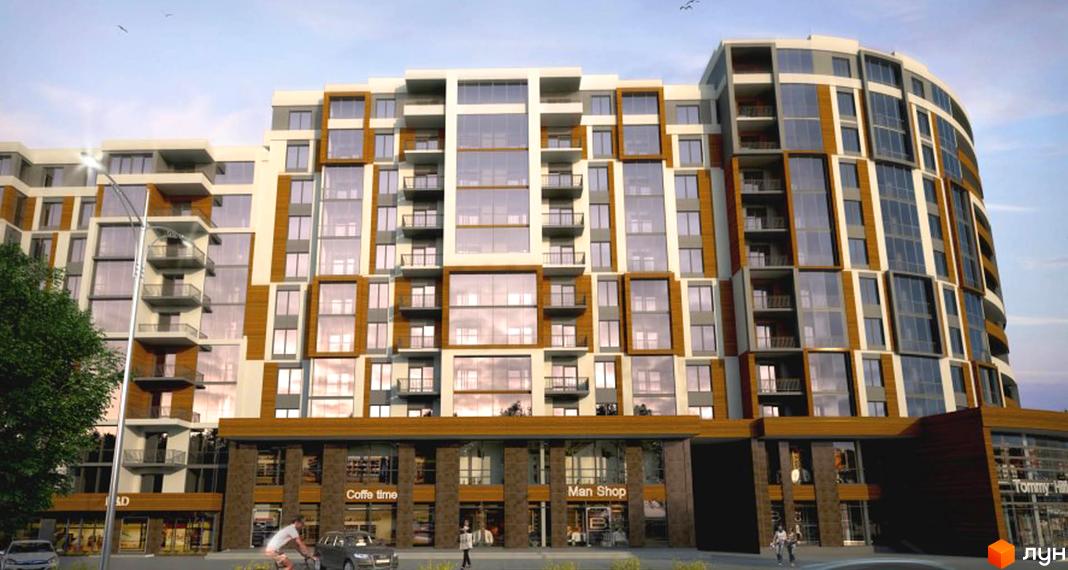 Новобудова ЖК Північна фортеця з фасадом з дерева та скла. Сучасна архітектура з балконами та великими вікнами, що виходять на вулицю з магазинами.