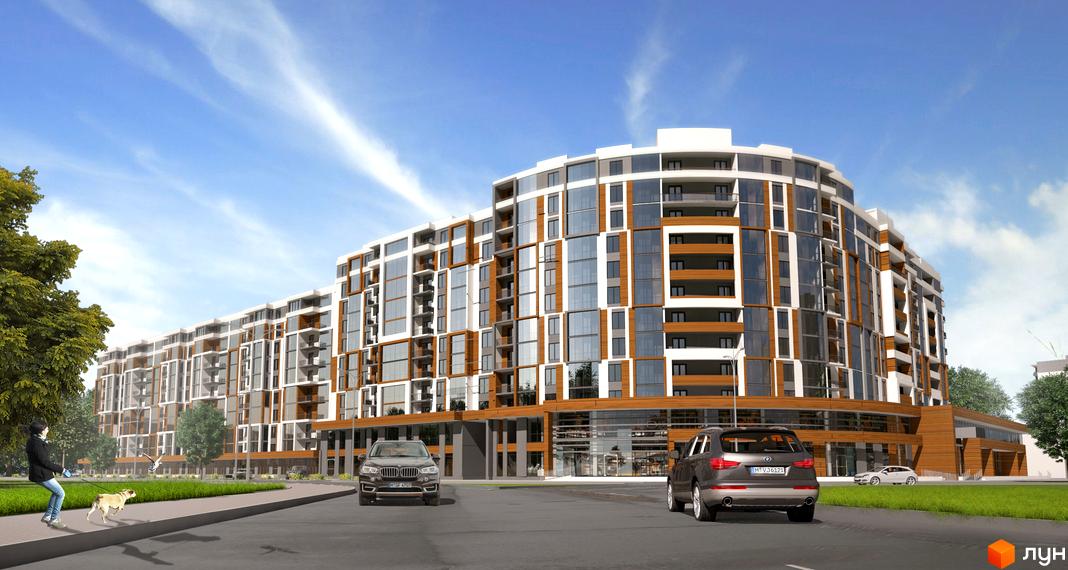 Зовнішній вигляд житлового комплексу Північна фортеця з вигнутим фасадом та великими вікнами. На прибудинковій території видно дорогу з автомобілями та пішохідну доріжку з людиною та собакою.