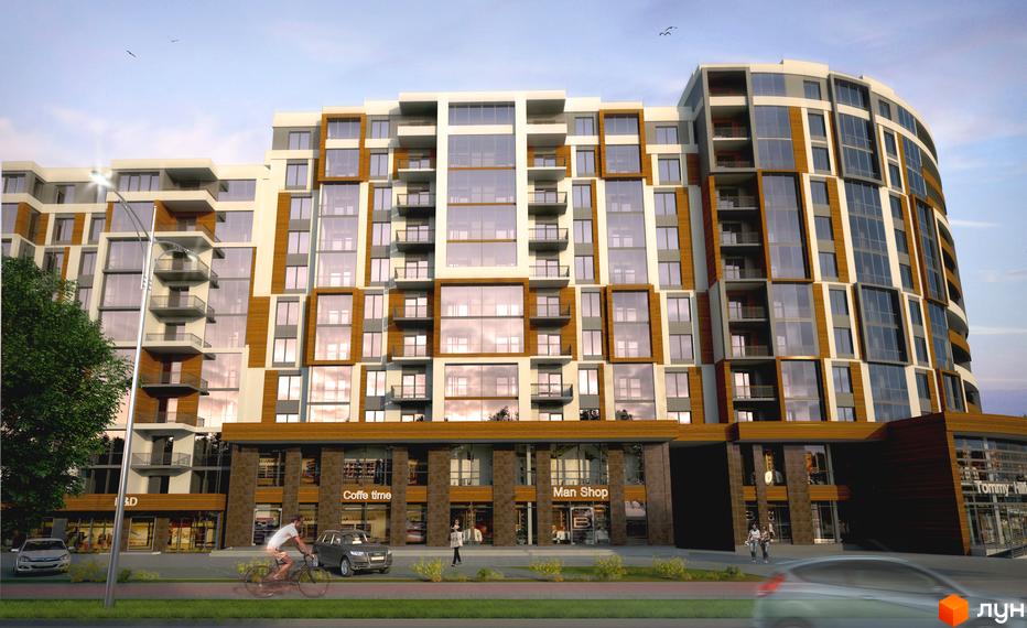 Зовнішній вигляд житлового комплексу Північна фортеця з великою кількістю скляних поверхонь та балконів. На першому поверсі розташовані комерційні приміщення з вивісками 'Coffee time' та 'Man Shop'.