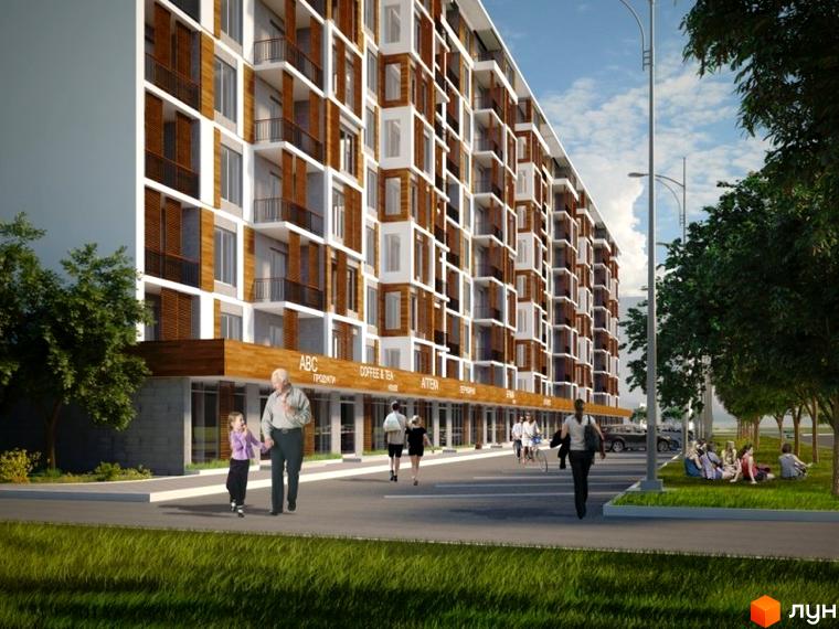 Житловий комплекс Північна фортеця з фасадами з дерева та білих панелей. На прибудинковій території зелена зона з деревами та людьми, що відпочивають.