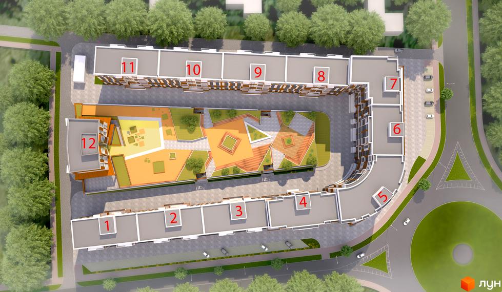 Аерофотозйомка житлового комплексу Північна фортеця з нумерованими секціями від 1 до 12. На зображенні видно будівлі, внутрішній двір та прибудинкову територію з деревами та дорогою.