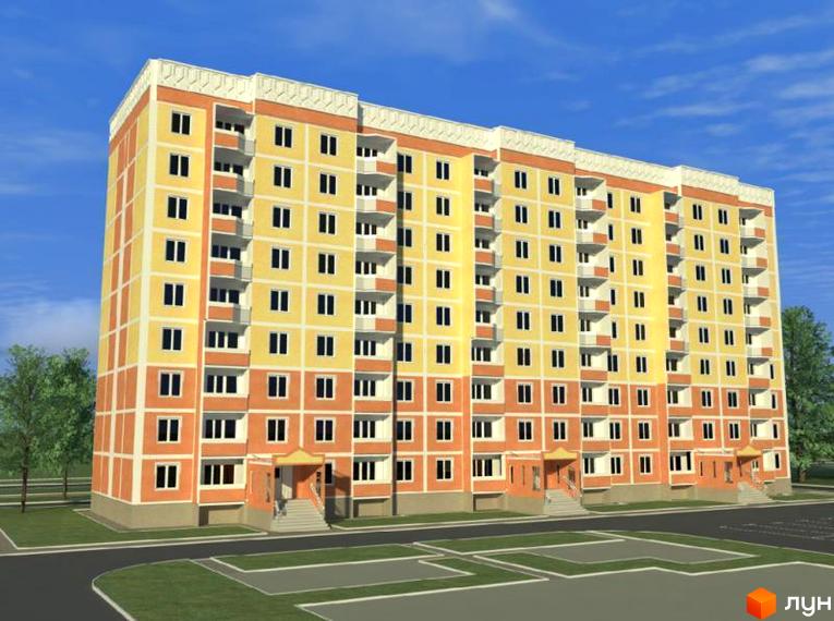 Зовнішній вигляд багатоповерхового будинку на вулиці Башкірцевої, 31. Будинок має жовто-помаранчеве забарвлення фасаду, з численними балконами та вікнами. Навколо будинку розташована прибудинкова територія з зеленими насадженнями та дорожнім покриттям.