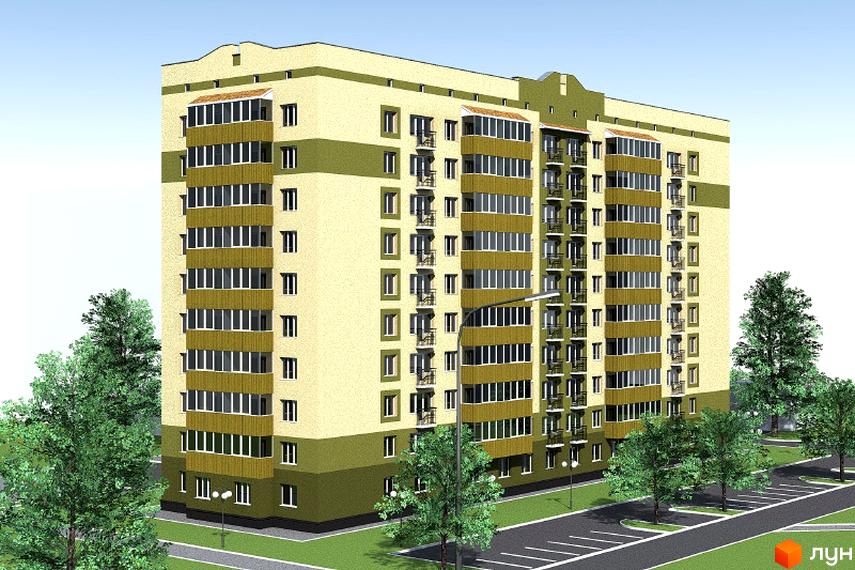 Будинок житлового комплексу бул. Щепот'єва, 3а. Зовнішній вигляд будівлі: багатоповерховий будинок світло-бежевого кольору з зеленими смугами та балконами. Навколо будинку зелені насадження та парковка.