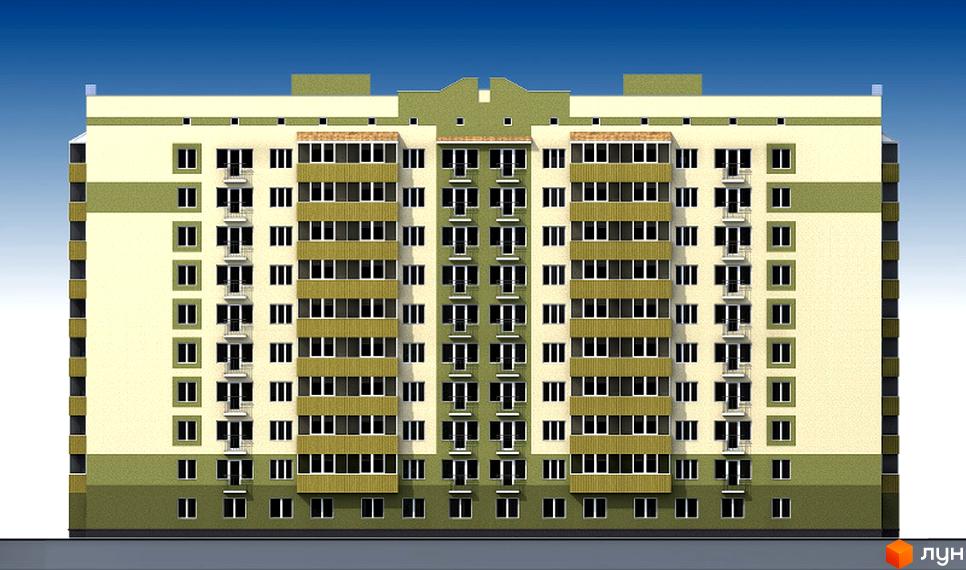 Фасад житлового комплексу бул. Щепот'єва, 3а. Багатоповерховий будинок світло-бежевого та зеленого кольору з численними вікнами та балконами.
