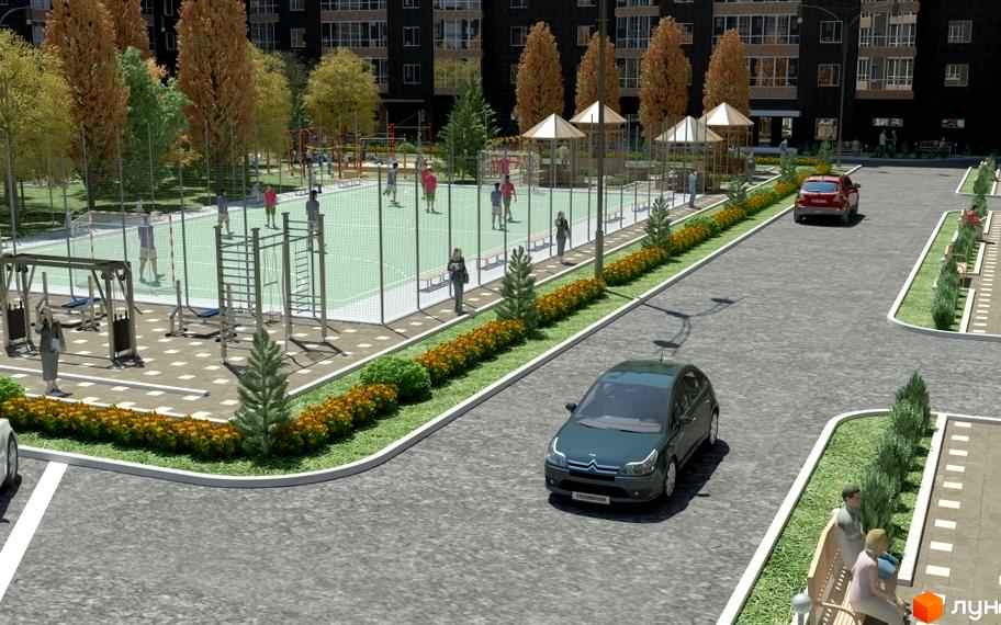 Зображення Житлового комплексу Набережний квартал: вигляд будинку та дитячого майданчика з зоною для занять спортом.