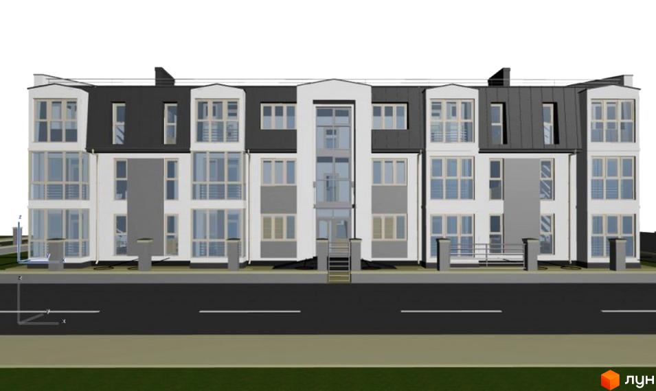 Зовнішній вигляд новобудови на вул. Липинського, 55. Будинок складається з кількох секцій різної висоти з панорамними вікнами та балконами. Перед будинком розташована дорога та зелена зона.