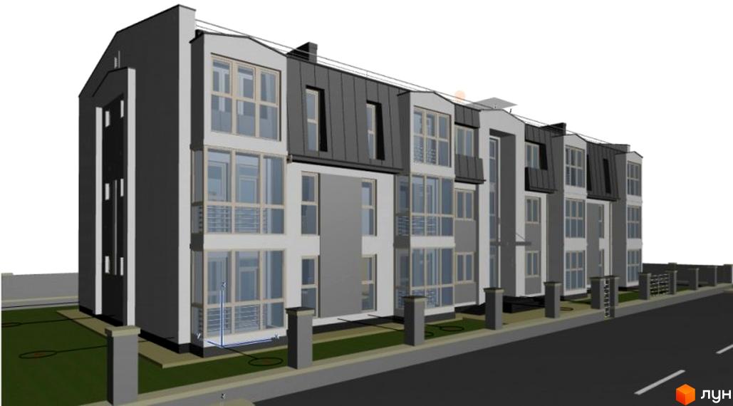 Зовнішній вигляд новобудови на вул. Липинського, 55. Багатоквартирний будинок з сірими та білими фасадами, великими вікнами та похилим дахом. Територія навколо будинку огороджена парканом, перед будинком розташовані стовпчики та зелена зона.