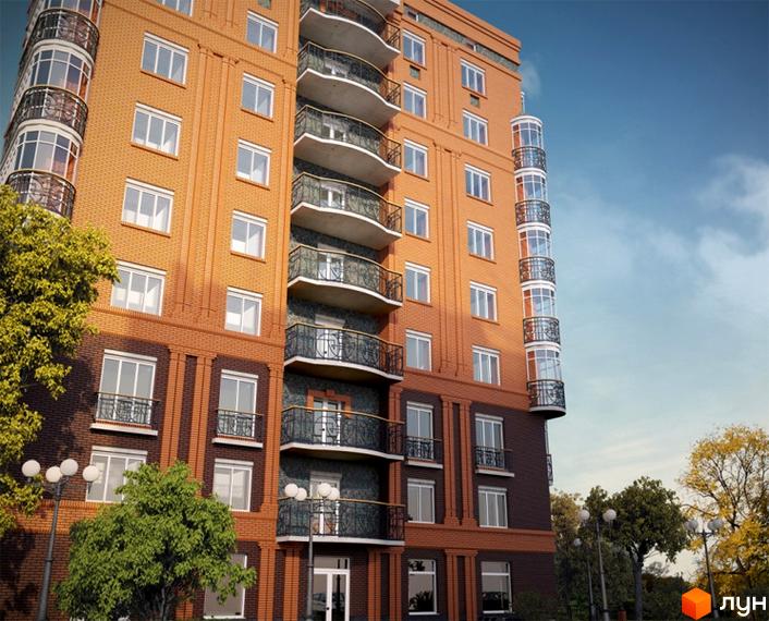 Фасад цегляного будинку з балконами та вікнами. Навколо будинку дерева та вуличне освітлення. Адреса: вул. Козака, 14.