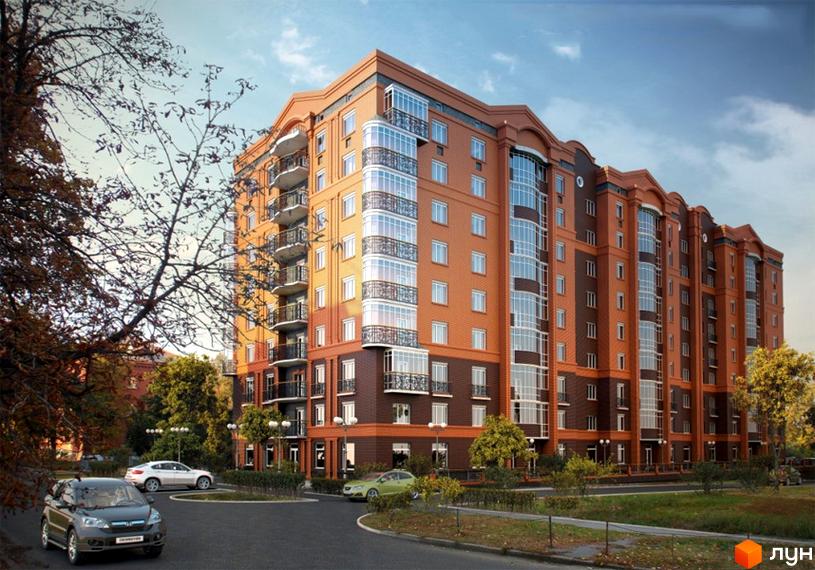 Сучасний житловий комплекс на вул. Козака, 14. Цегляний будинок з балконами та панорамними вікнами. Навколо будинку зелена зона та парковка.