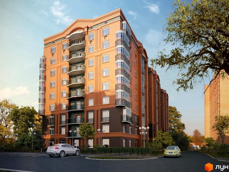 Новобудова на вул. Козака, 14 з цегляним фасадом та балконами. На прибудинковій території розташовані дерева та припарковані автомобілі.