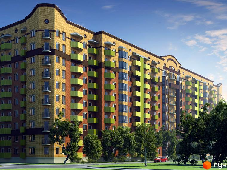 Зовнішній вигляд новобудови на вул. Вузька, 7а. Багатоповерховий будинок з жовтої та цегляної цегли з зеленими балконами. Навколо будинку зелені насадження та газон.