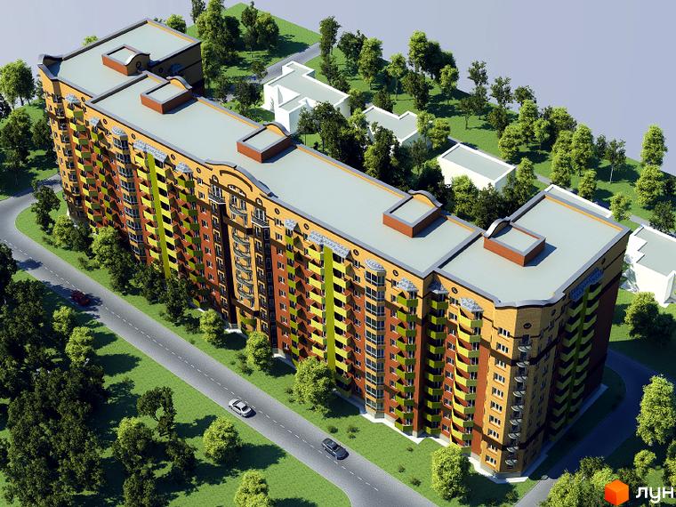 Вид на новобудову по вул. Вузька, 7а, з фасадом у жовто-коричневих тонах та зеленими балконами. Навколо будівлі розташовані дерева та дорога з автомобілями.