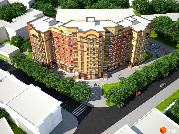 Житловий комплекс на вул. Сковороди, 2в. Багатоповерховий будинок з жовто-помаранчевим фасадом, балконами та прибудинковою територією з деревами та парковкою.