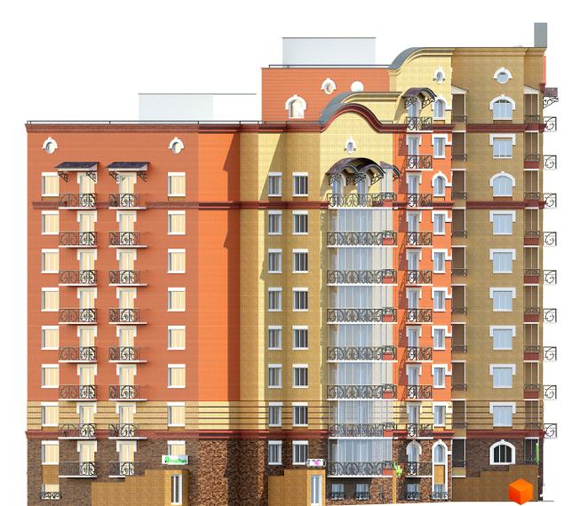 Фасад житлового комплексу на вулиці Сковороди, 2в. Багатоповерховий будинок з цегляним оздобленням різних кольорів та балконами з кованими елементами.