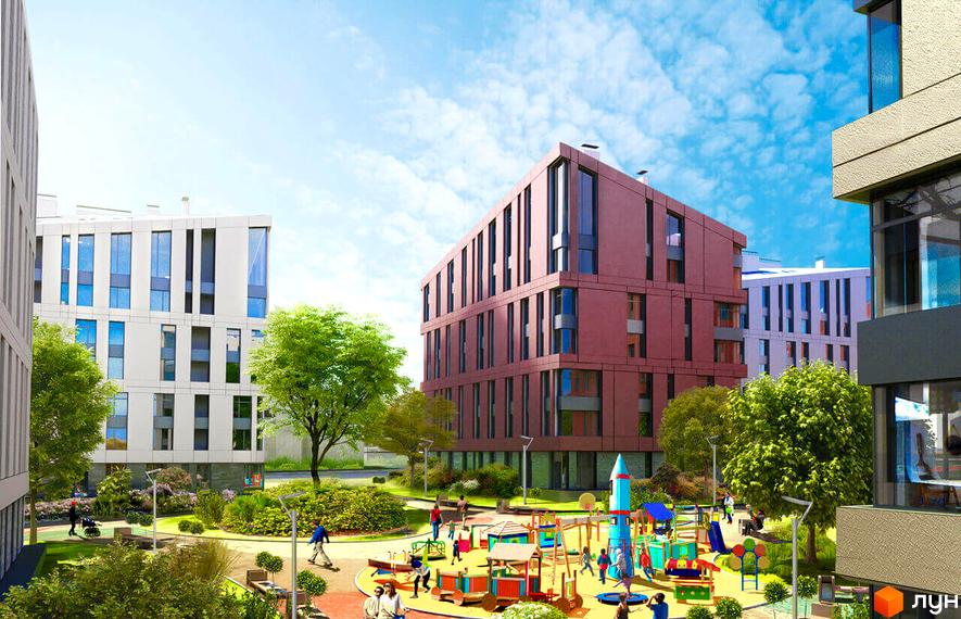 Житловий комплекс Spectrum: фасади будівель з панорамними вікнами та дитячий майданчик з яскравими елементами. Зелена територія з деревами та зонами відпочинку.