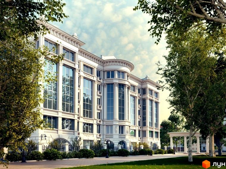 Житловий комплекс Парковий. Фасад будівлі виконаний у класичному стилі з великими вікнами та колонами. Навколо будівлі розташований доглянутий парк з зеленими насадженнями та доріжками.